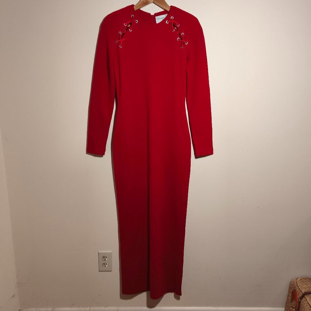 Adrienne Vittadini Wool Lace Up Rhinestone Maxi Bodycon Dress sz 6 Red